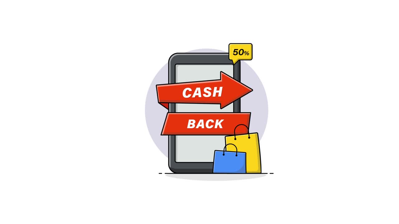 Animated Digital Cashback Offer with Shopping Bags on Mobile Phone