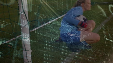 animación del procesamiento de datos sobre una jugadora de fútbol caucásica en un campo de fútbol