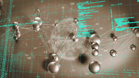 animation of network of connections and data processing over globe on brown background