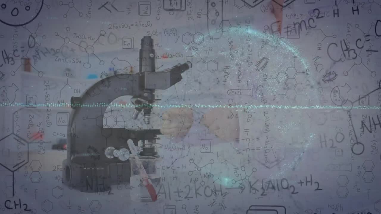 현미경과 과학 방정식에 대한 글로벌 네트워크를 사용하는 여성 과학자의 애니메이션