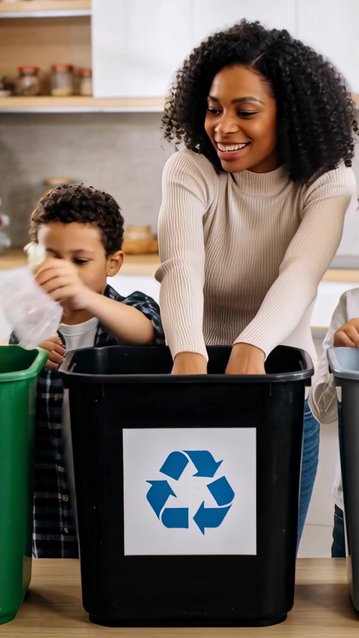 Vertical video: Handing green-cap bottle mom guiding son in kitchen sorting into black or green bins