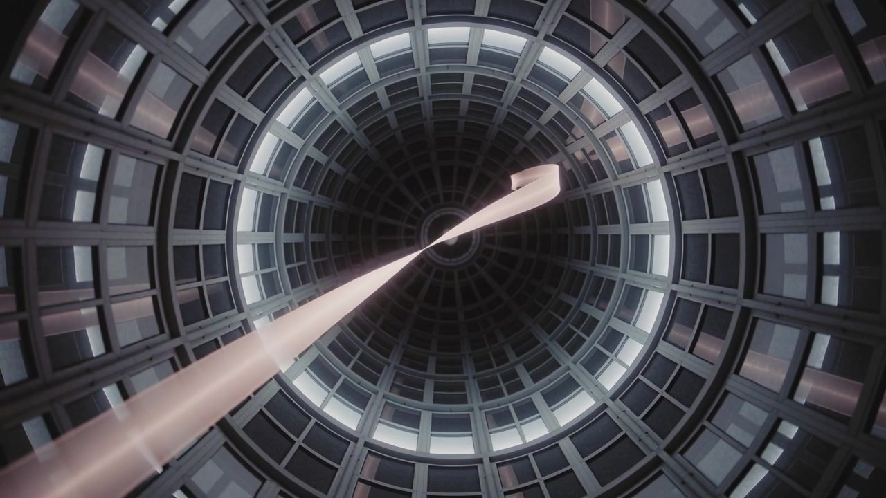 Entering long ribbon twisting toward oculus inside shaft, thin fragment joining to reach oculus