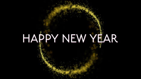 animation of happy new year text over glowing light trails on black background