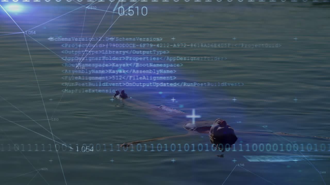 Swimmer floating face-down on lake activating sensor scanning binary overlay for technology mapping