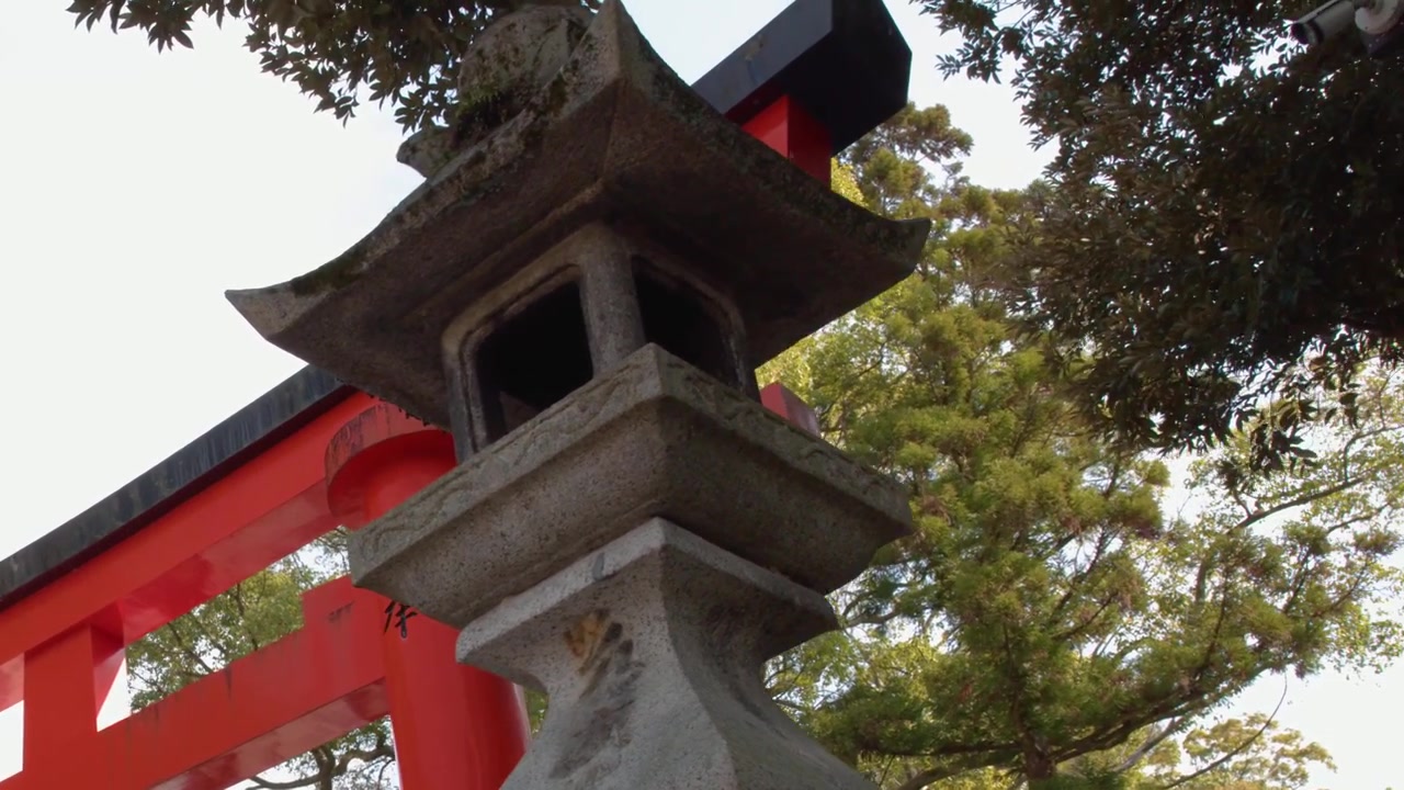 Low angle tracking shot of a traditional stone lantern and vermilion gate under green trees.