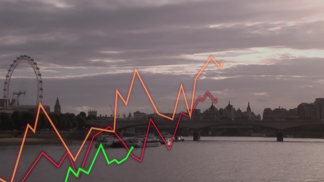 Animation of financial data processing over cityscape