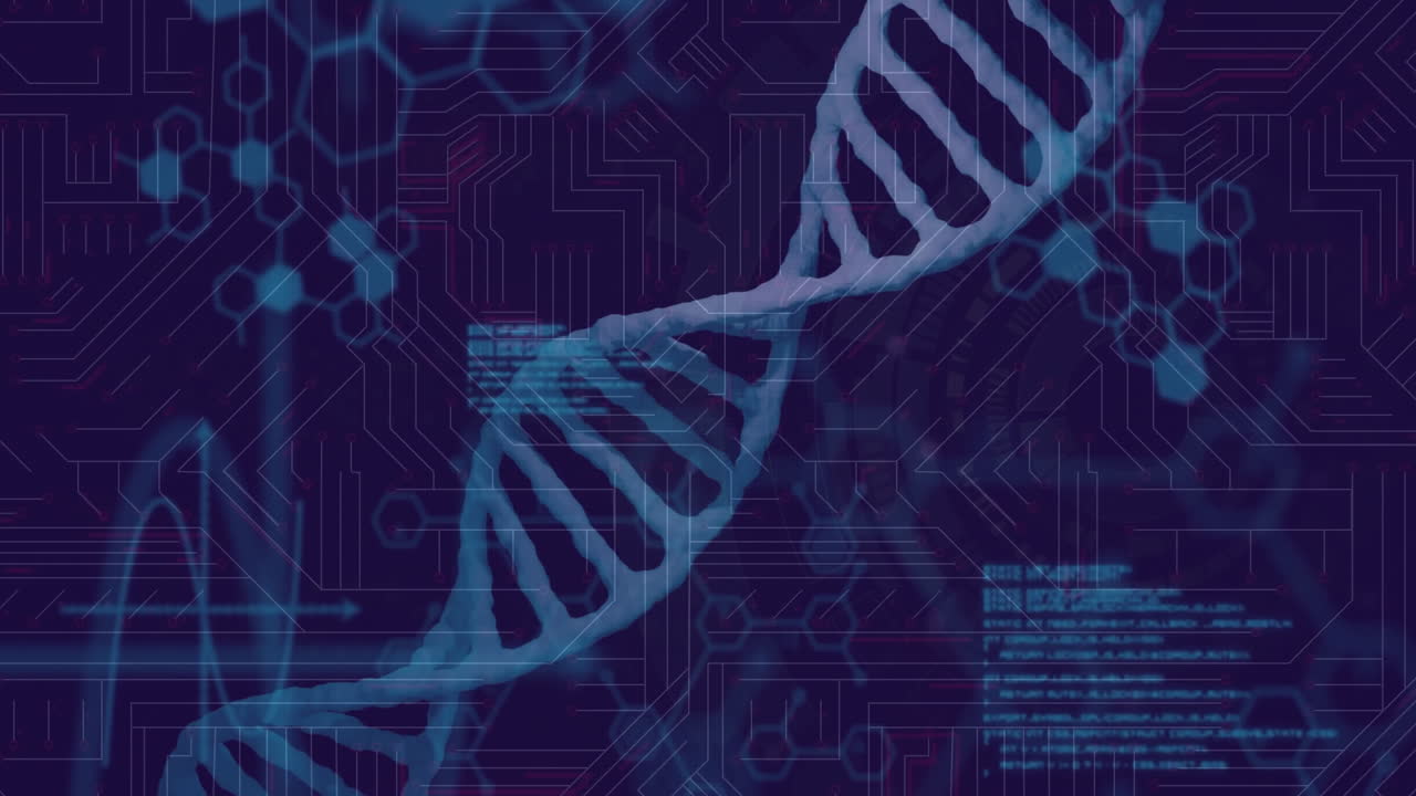 Processing scientific data, DNA strand intertwining with binary coding animation
