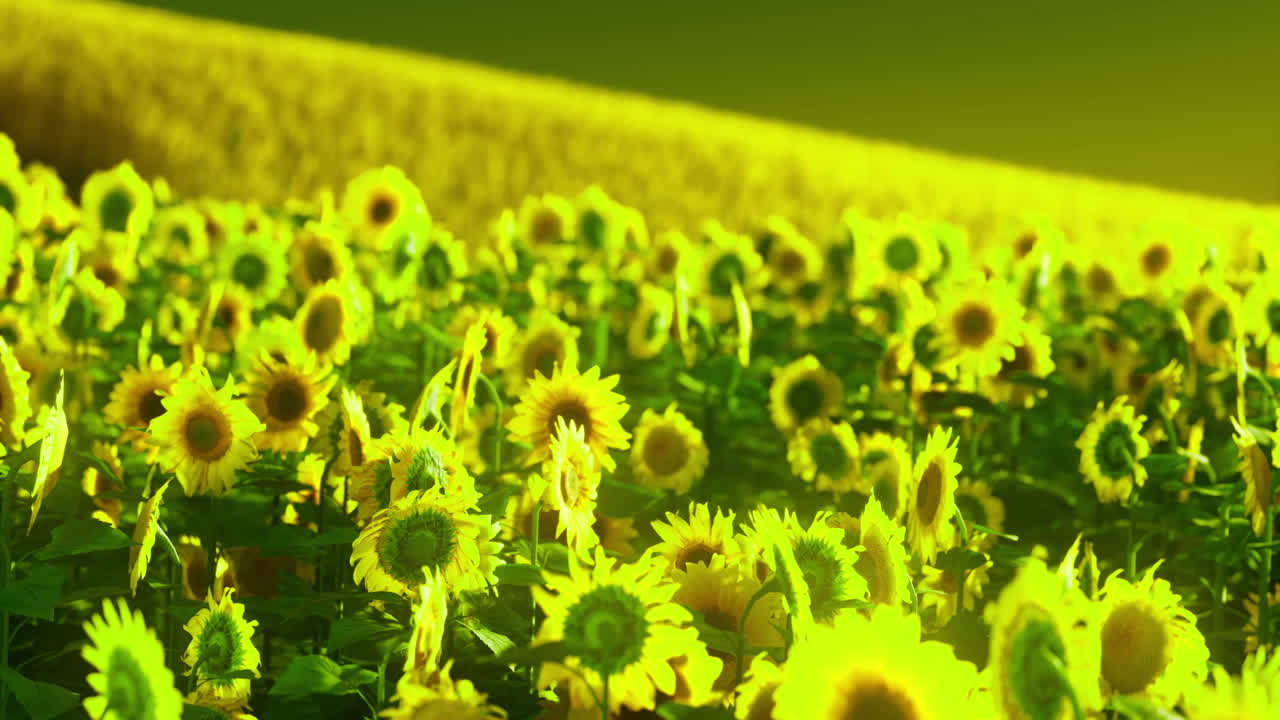 Sunflower field blooms under bright sun near rural landscape in summer