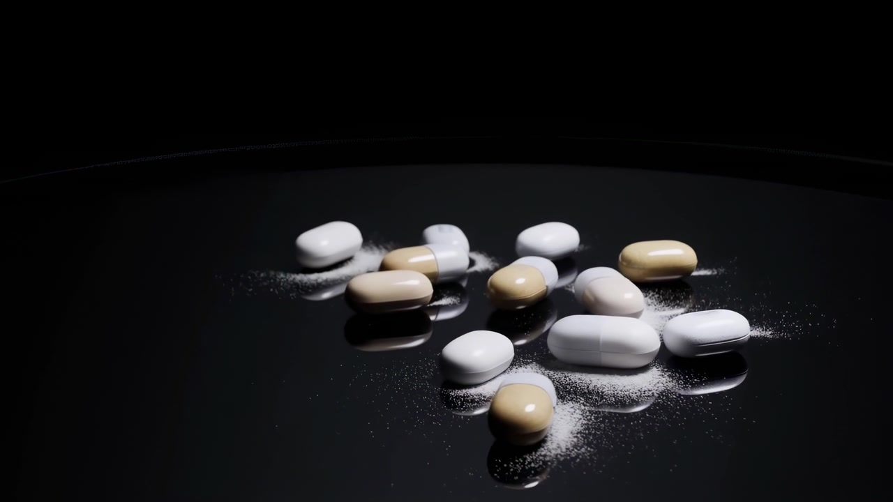 Primo piano dal basso di compresse assortite bianche e beige e capsule bicolore sparse su una superficie nera lucida con una leggera spolverata di polvere bianca, forte