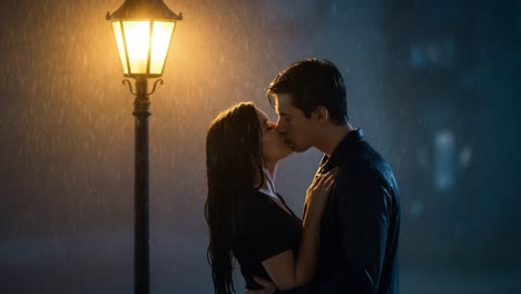 couple kissing in the rain under a street lamp