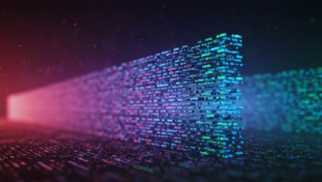 abstract visualization of data streams in a digital environment, highlighting patterns of light and color with a focus on code and information flow