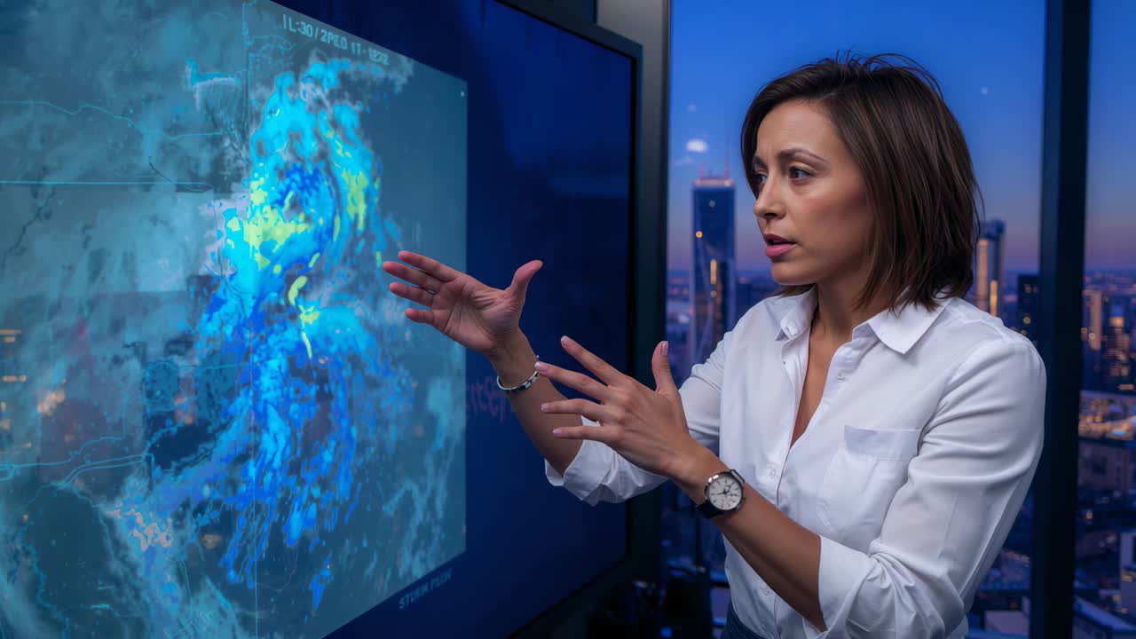 Pointing weather anchor seeing radar storm, gesturing at screen in studio in white top, copy space
