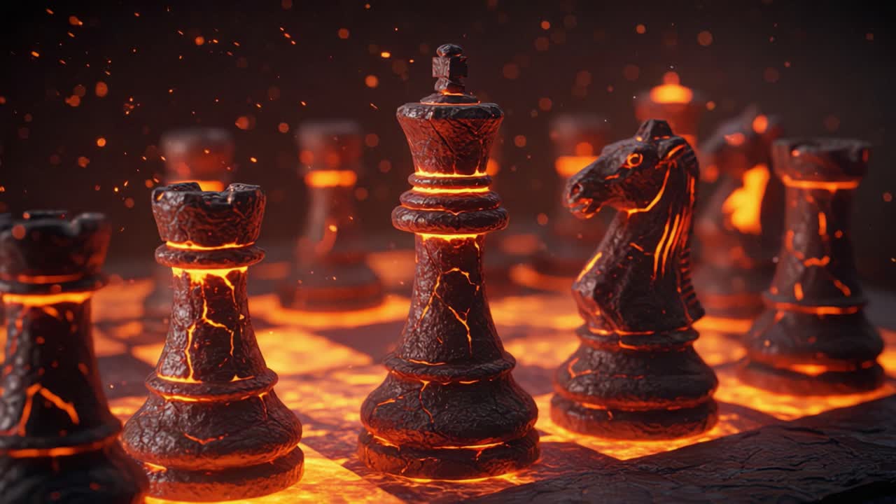 A mesmerizing display of molten lava-themed chess pieces, showcasing intricate details and dynamic lighting that capture the essence of a fierce strategy game