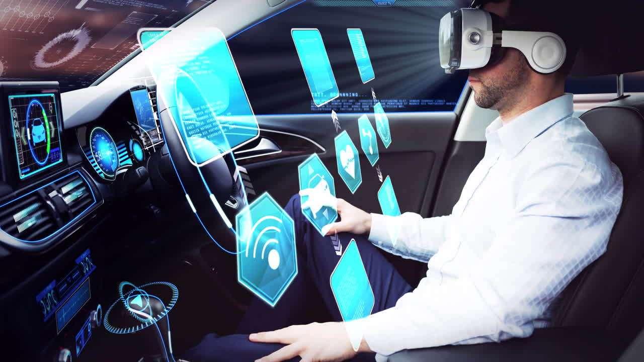 Animation of icons over businessman wearing vr headset in self driving car