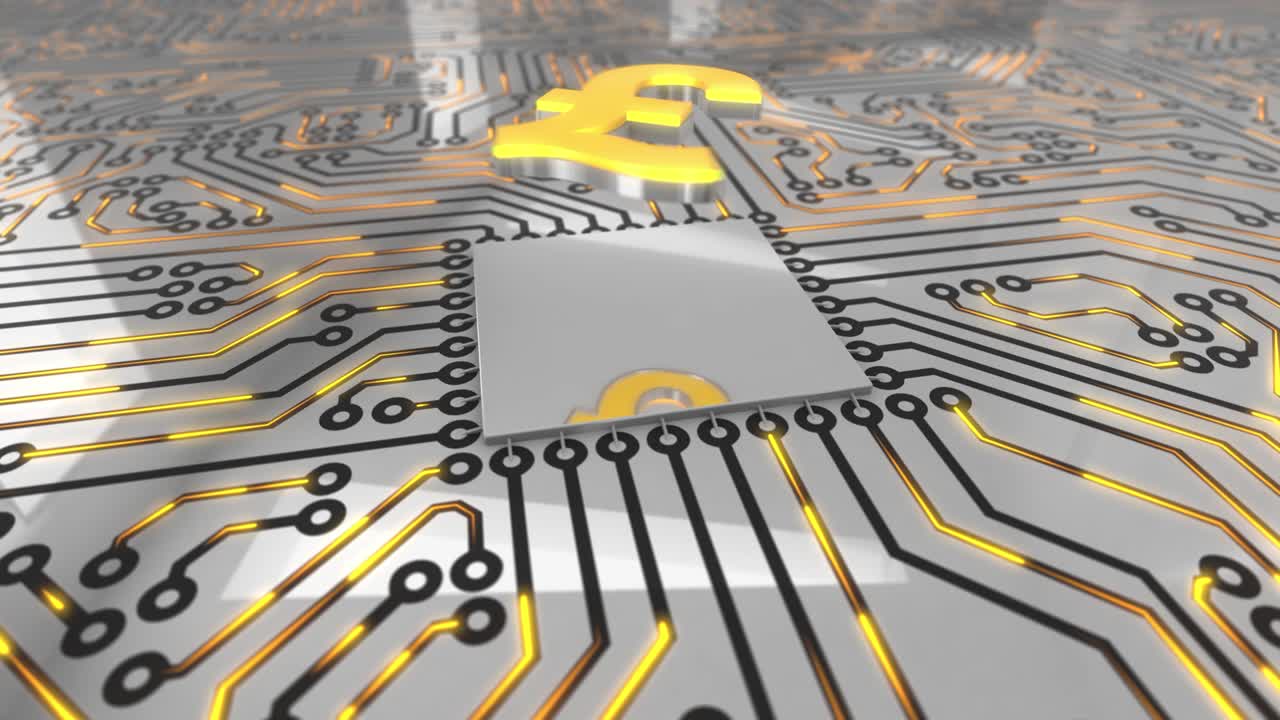 밝은 오렌지색 회전 컴퓨터 회로 보드 개념 영국 파운드 루프 4k