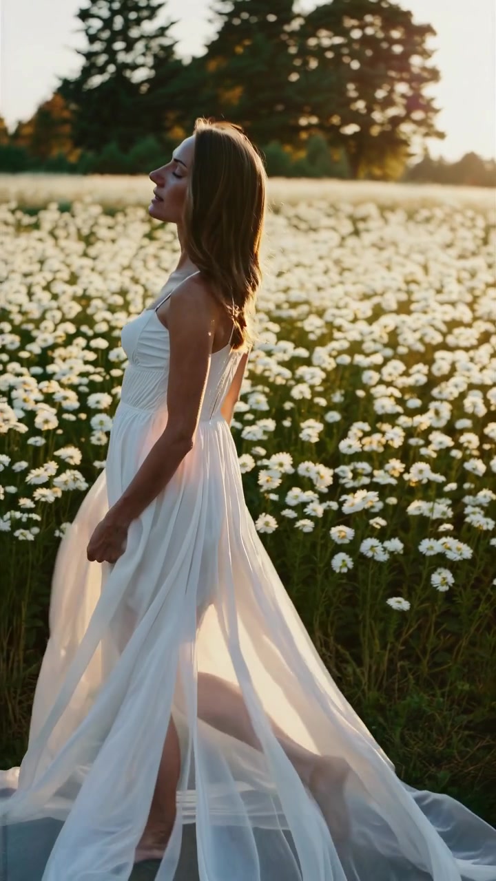 Giovane donna in abito bianco che cammina attraverso un campo di margherite al tramonto