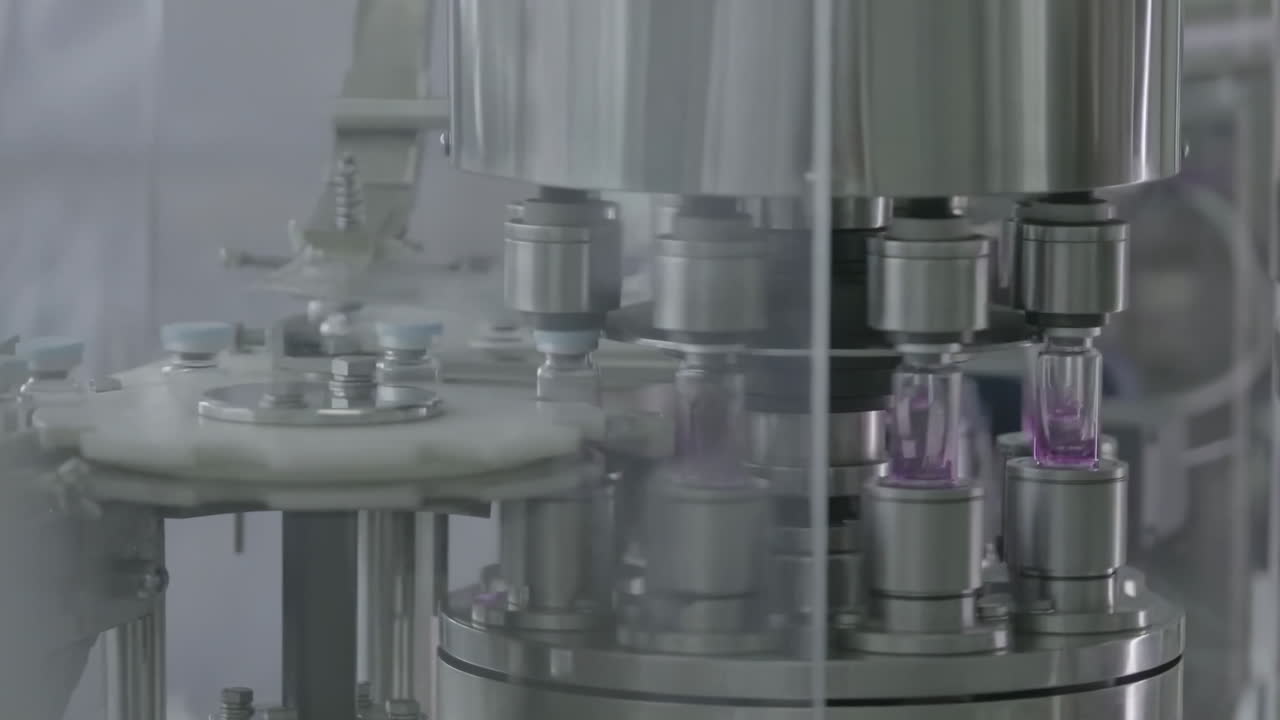 Modern technology, glass vials filled with medical liquid on a automated pharmaceutical production line in sterile environment