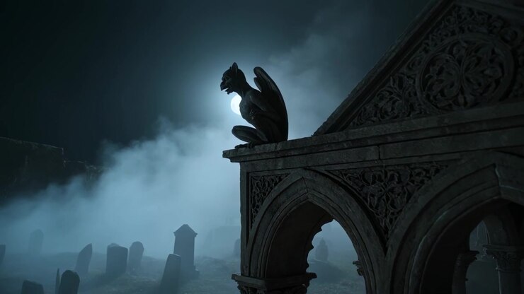 Panning right camera revealing stone gargoyle perched on ledge in cemetery moon lighting headstones