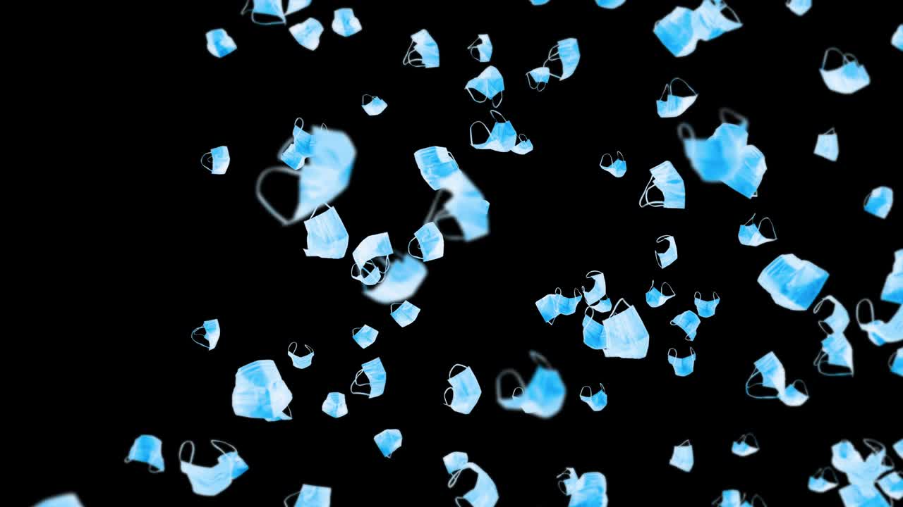 검은 바탕에 많은 파란 마스크를 날아. 의료 개념. 수술 보호 마스크. 마스크 회전의 3d 애니메이션. 루프 애니메이션.