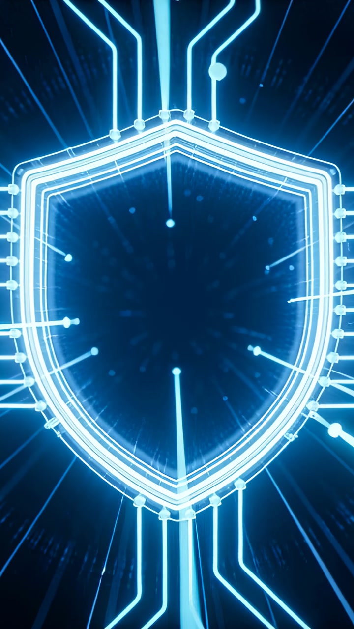 Vertical video: Pulsing shield via trace pulses lighting rings and nodes in cyber void for defense