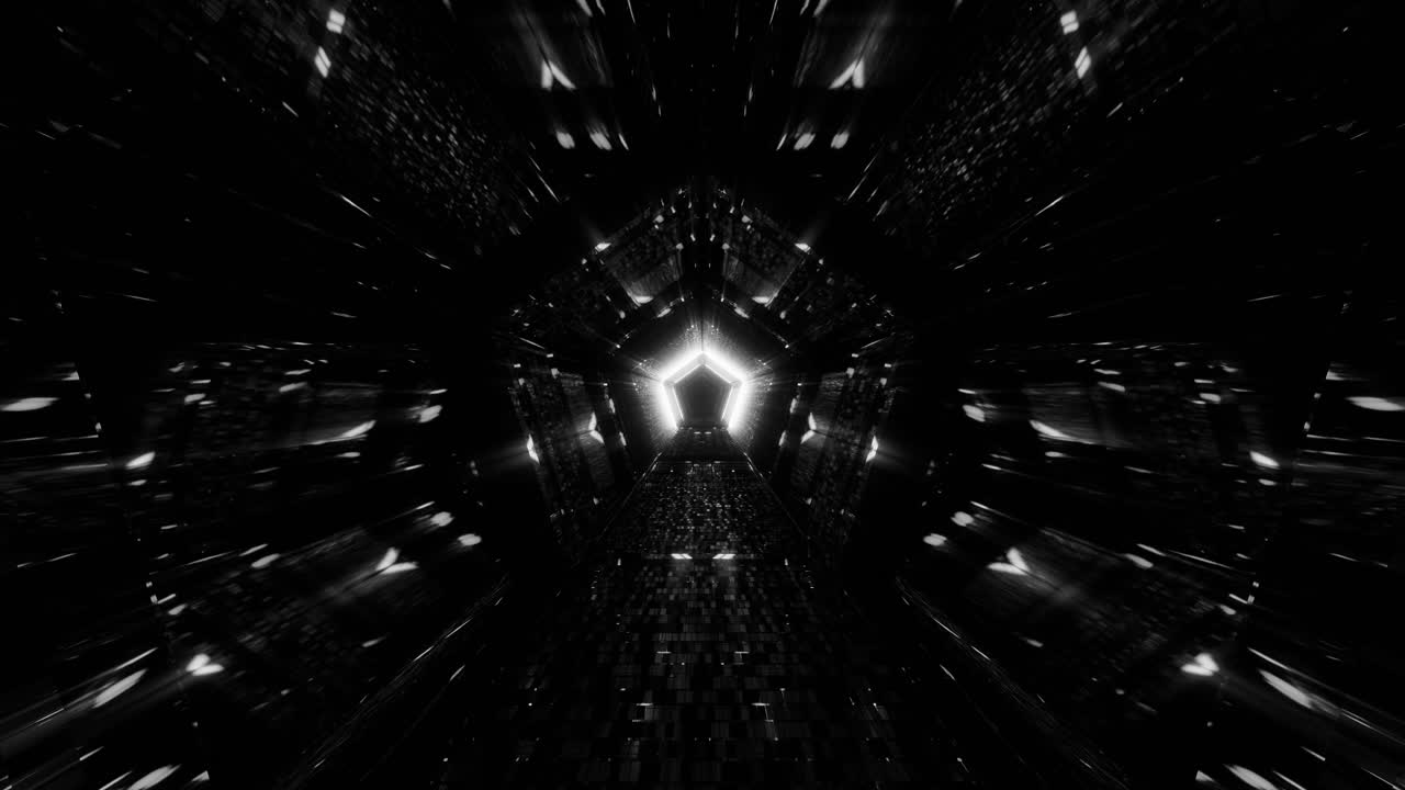 VJ Loop - Flying Through a Glowing Black and White Pentagonal Kaleidoscope Tunnel