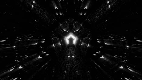 vj loop - flying through a glowing black and white pentagonal kaleidoscope tunnel