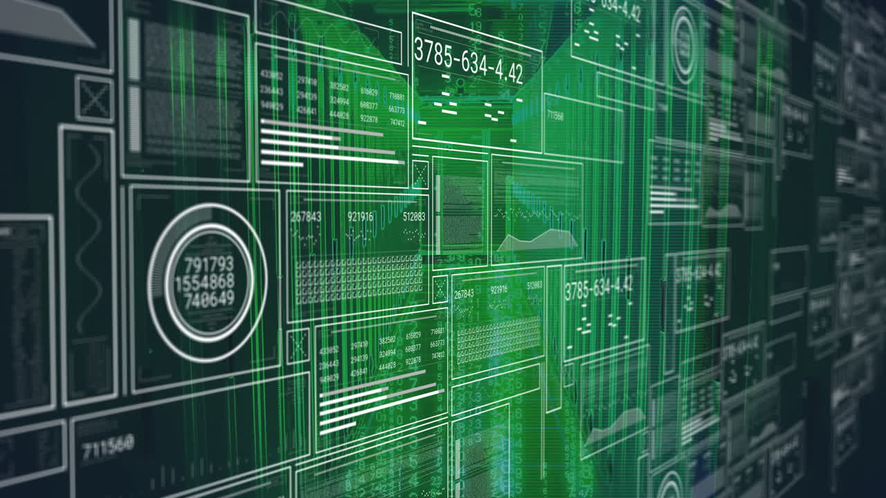 Displaying digital data panels and graphs, green futuristic interface with animation