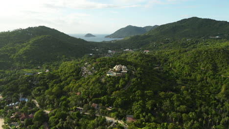 drone-fly-above-koh-tao-Thailand-tropical-beach-resort-paradise-in-top-of-hill-with-natural-unpolluted-palm-tree-forest-vegetation-,-south-east-Asia-travel-destination