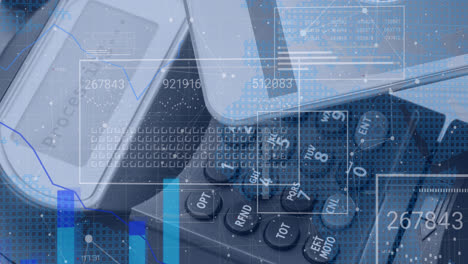 animation of financial data, graphs processing on digital interface against credit card reader