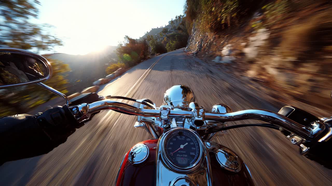 Adventurous rider cruising a sunlit mountain road on a motorcycle