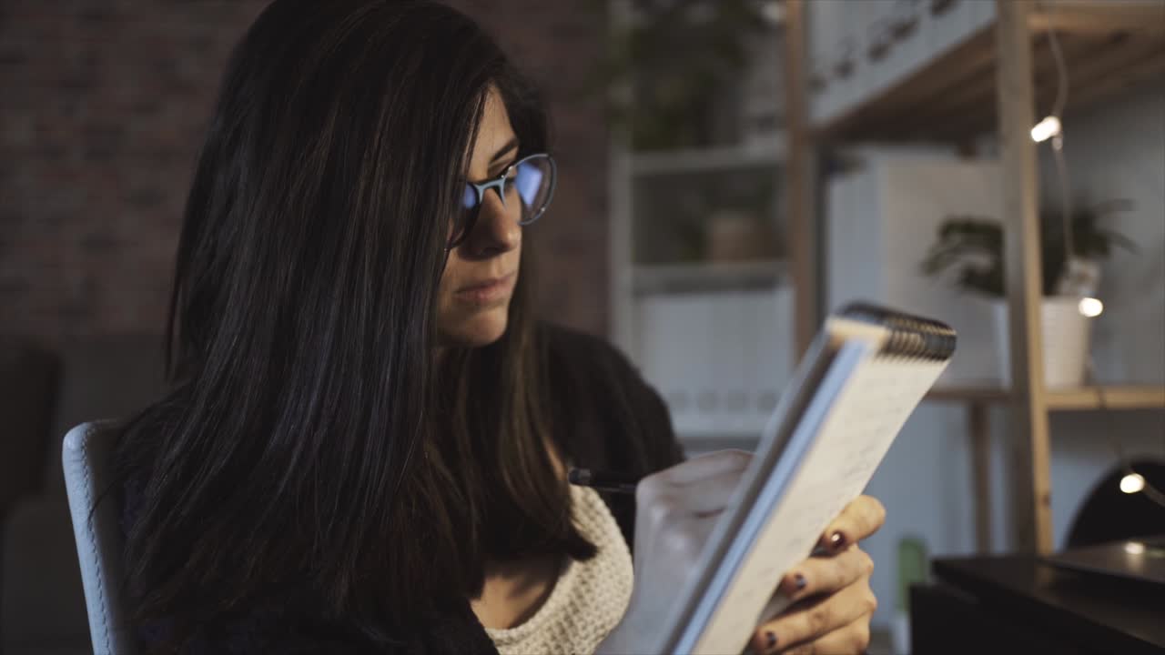 mujer enfocada escribiendo en el bloc de notas mientras escucha música