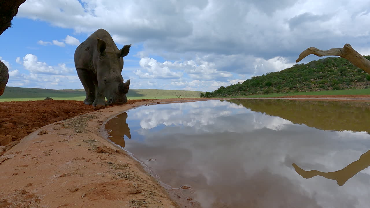 A lone rhino approaches a waterhole under a vast cloudy sky in a serene landscape