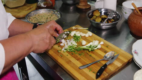 older woman cutting scallions and garlic when preparing vegan homemade dinner