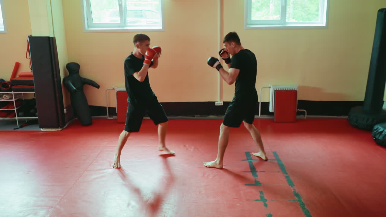Two wrestlers practicing sparring in gym on red mat, standing barefoot in combat stance, wearing gloves, focusing on martial arts training, building endurance, fighting technique under natural light