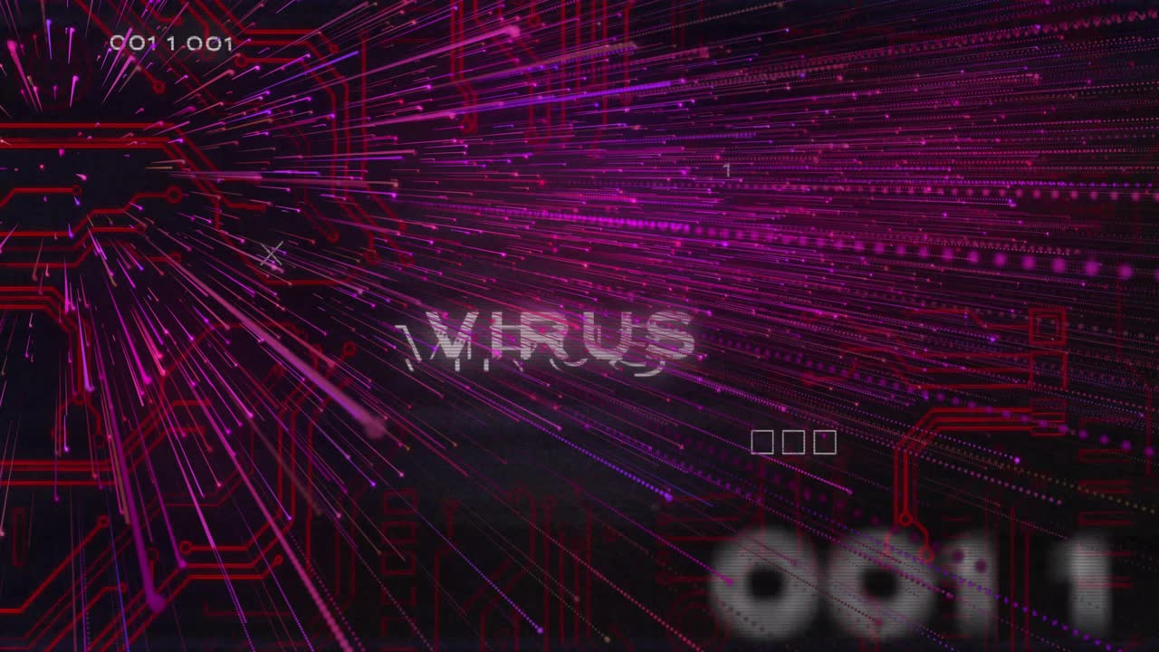 Neon lines shooting, circuits glowing, binary scrolling, VIRUS text forming highlighting danger