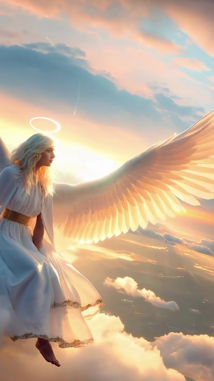 Majestic Angel with Golden Wings and Halo Above the Clouds
