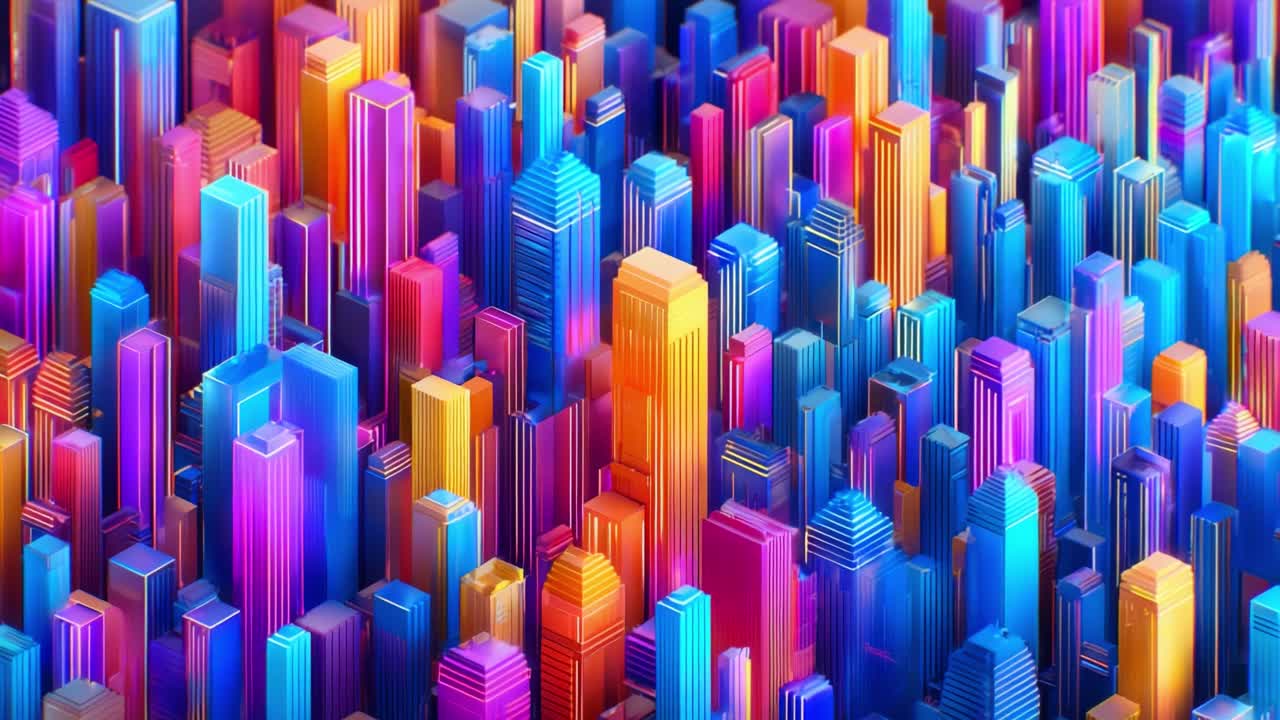 A Vibrant Urban Landscape of Abstract Skyscrapers Bursting with Color—An Eye-Catching Representation of Modern Architecture in a Dynamic and Lively City Environment