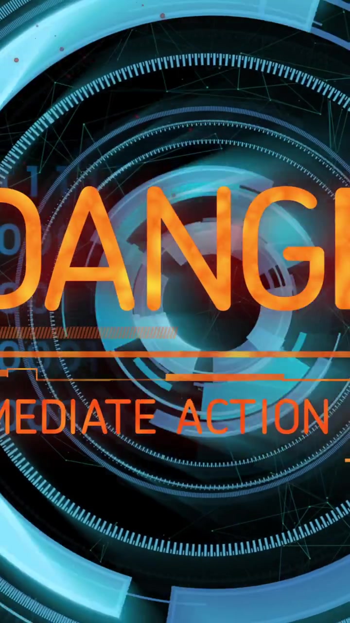 Animazione di testo Avviso di pericolo e azione immediata richiesta su interfaccia digitale futuristica