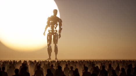 a huge artificial intelligence cyborg standing in front of a large sun, with crowd of people looking at it, 3d animation camera pan left to right slowly