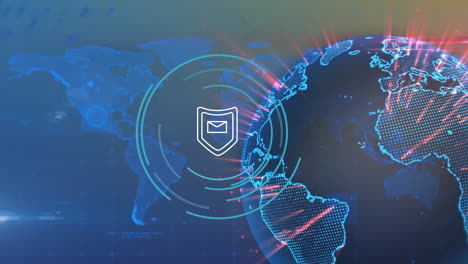 animación del globo y el candado de seguridad en línea con mapa del mundo.