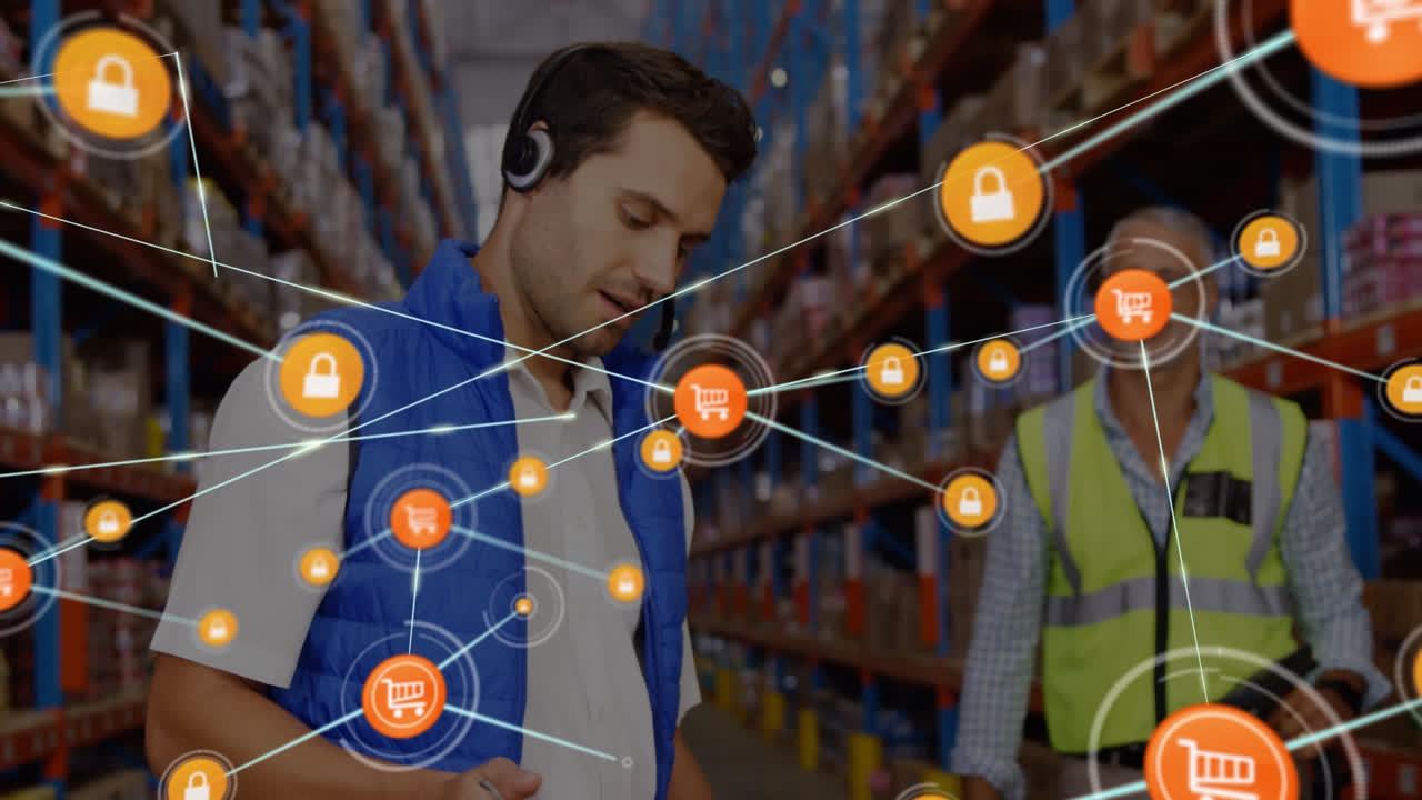 animación de la red de conexiones con iconos sobre diversas personas de negocios que trabajan en el almacén