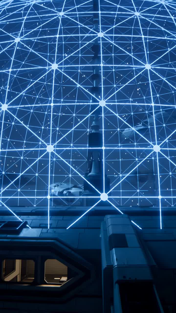 Vertical video: Viewing holo grid dome taking streak hit from right near hull module, with sparks