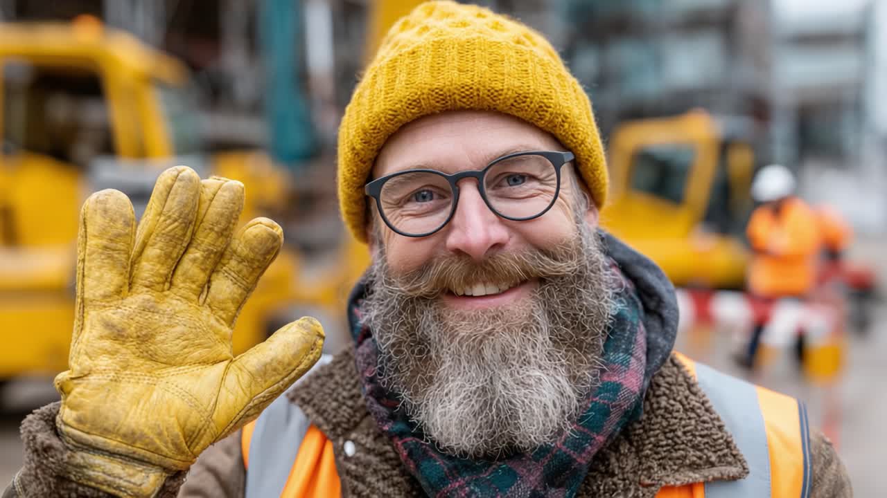 A cheerful construction worker with a thick beard and glasses waves at the camera, showcasing a bright yellow hat and gloves, amidst a busy construction site in the background