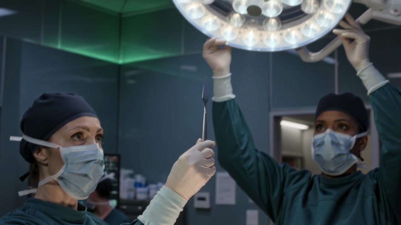 Reaching assistant aligning lamp over scalpel in OR, gowned surgeon holding scalpel checking angle
