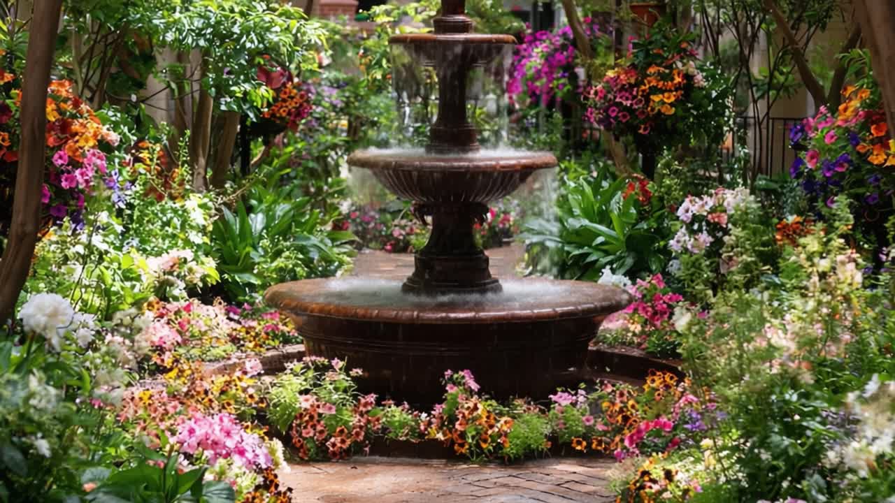 Um Cativante Retiro Floral Apresentando uma Fonte Majestosa Cercada por Petúnias Vibrantes e Vegetação Exuberante, Oferecendo uma Atmosfera Serena para Relaxamento e Reflexão
