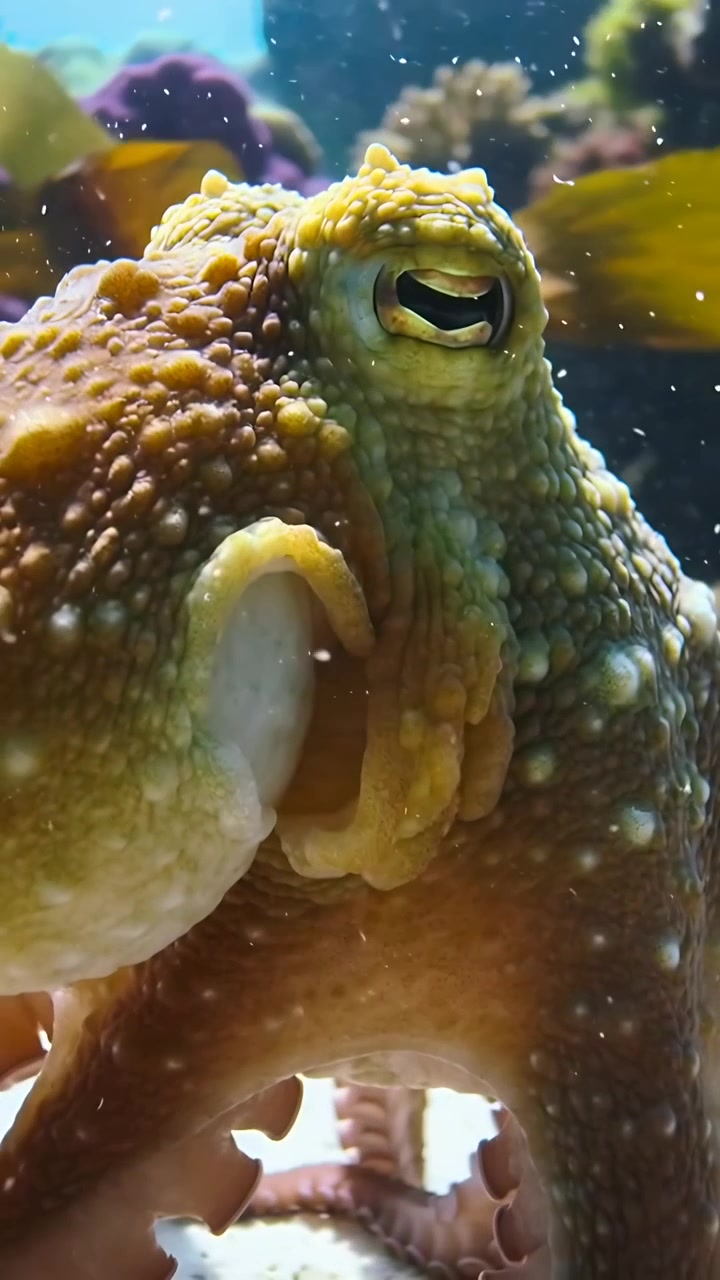 Video vertical: Cámara de cerca moviéndose cerca del ojo de un pulpo, pulpo parpadeando y flexionando un brazo en un tanque, algas marinas.