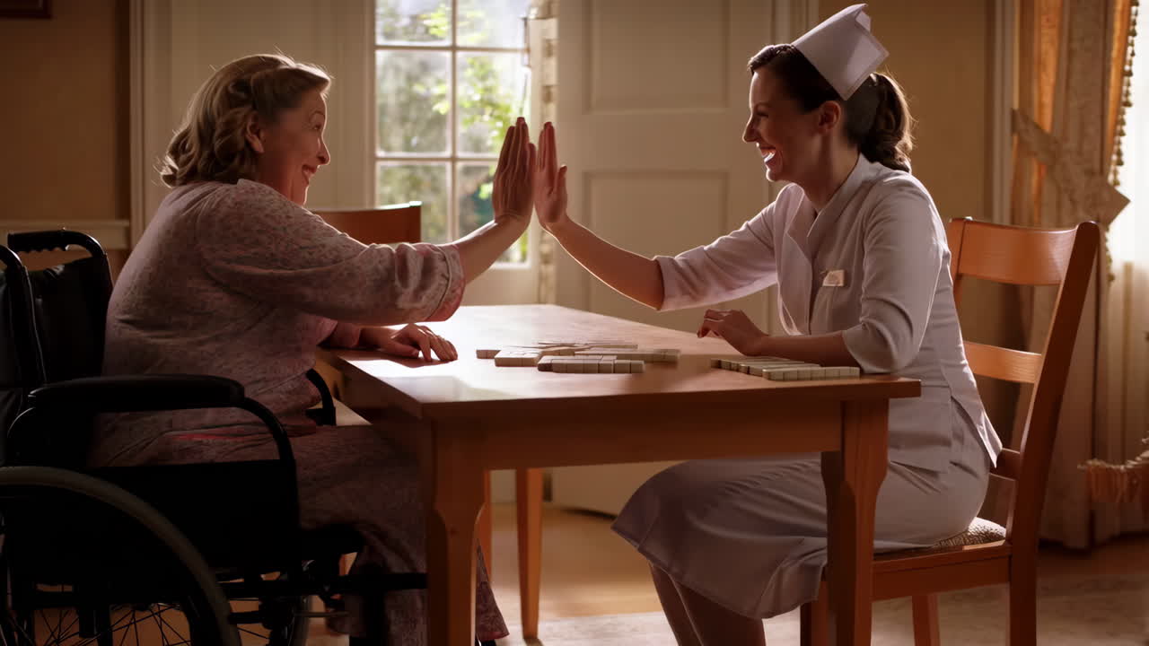 A nurse and an elderly woman high-fiving while playing a game