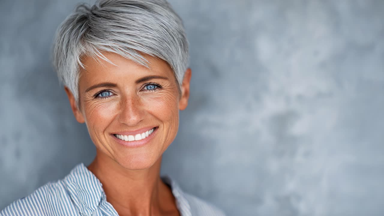 A radiant woman with short silver hair and striking blue eyes smiles warmly against a textured grey background, exuding confidence and positivity in her demeanor