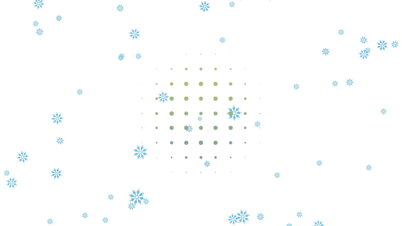 Animazione di fiocchi di neve che cadono e cerchi che si muovono in loop con un motivo astratto su sfondo bianco.