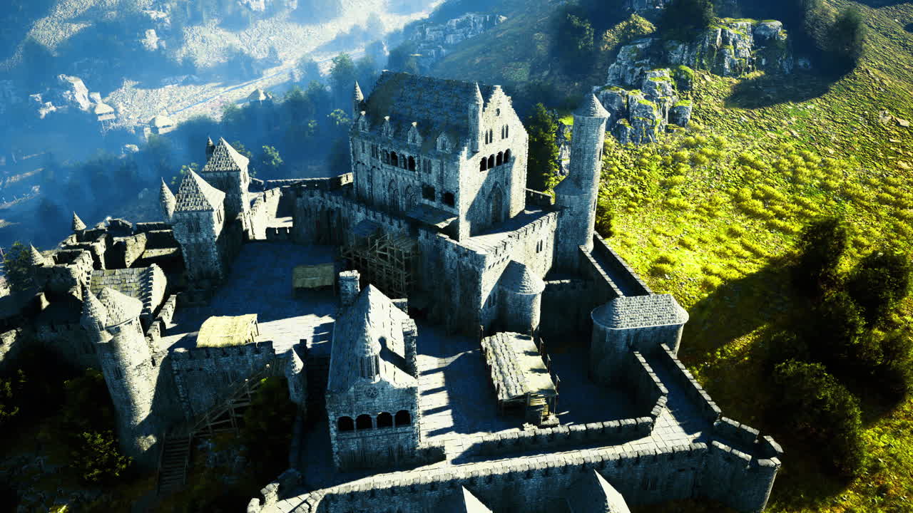 Majestic medieval castle perched on a hilltop surrounded by lush greenery